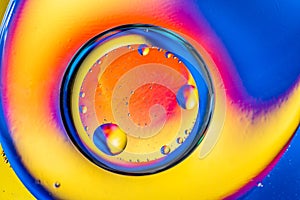 Abstract background with colorful gradient colors. Oil drops in water abstract psychedelic pattern image. Blue orange yellow color