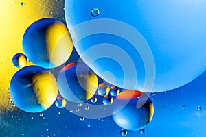 Abstract background with colorful gradient colors. Oil drops in water abstract psychedelic pattern image. Blue yellow colored