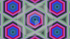 Abstract background of colorful hexagon and different surrounding rings. Abstract hexagon background