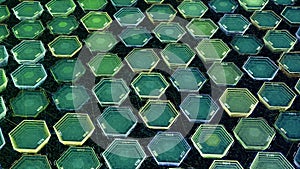 Abstract background with colorful hexagons, seamless loop. Animation. Technologic electricity backdrop, rows of hexagon
