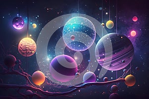 Abstract background with colorful neon planets in space