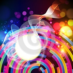 abstract background. Colorful techno pattern on a dark. Sun and thin wavy lines and transparent circles blur. Design card