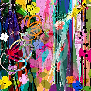 Abstract background composition with flowers, with paint strokes, splashes and geometric lines
