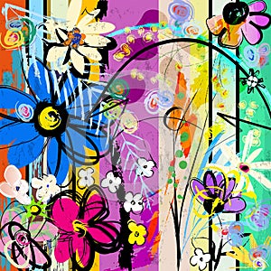 Abstract background composition with flowers, paint strokes, splashes and geometric lines