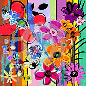 abstract background composition with flowers, with paint strokes, splashes and geometric lines