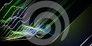 Abstract background contain wavy grid wth glow in web with blurred lines on black. Big Data. Technology wireframe interlacement