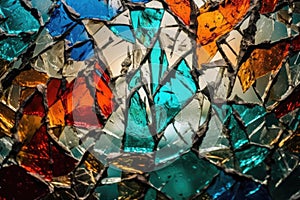 Abstract background of cracked glass texture with vibrant shards and patterns