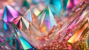 Abstract background with crystal diamonds in pink pearl color. Bright rainbow refraction. Glass crystal holographic background