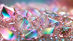 Abstract background with crystal diamonds in pink pearl color. Bright rainbow refraction. Glass crystal holographic background