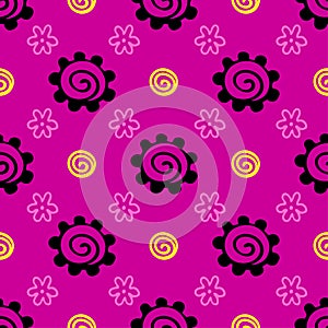 Abstract background with curls and flowers. Vector illustration. Seamless pattern, freehand drawing. Background for