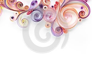 Abstract background with curls of scrolled paper for quilling. Quilling paper art banner. Paper filigree border with copy space