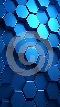 Abstract background of 3D blue hexagon shapes in a pattern, with light and shadow.