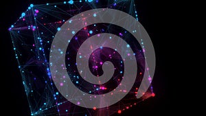 Abstract background 3D digital color wireframe cube in black ciberspace. 3D algorithm blockchain grid dinamic blocks. Big data.