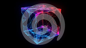 Abstract background 3D digital color wireframe cube in black ciberspace. 3D algorithm blockchain grid dinamic blocks. Big data.