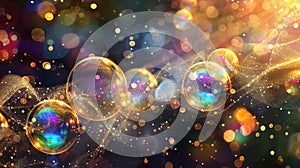 Abstract background with dark glossy rainbow colored bubbles on black, floating and flying bubbles with golden flashes