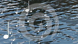 Abstract background - dark moving water surface, notes hover over water, water music, promotion of concert in nature