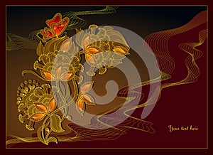 Abstract background with decorative floristic motives. Stylized wavelike decoration in golden shades. Luxury print for greeting