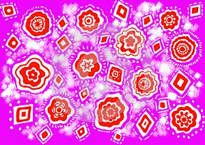 Abstract background of decorative flowers and geometric elements. Purple, red, white colors.