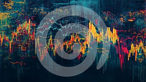 Abstract financial market analysis background with candlestick charts and price fluctuations depicting investment trends and