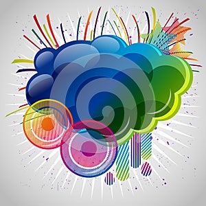 Abstract background with design elemnts. Cloud for your text, stars, speakers, raindrops. Digital graphic