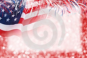 Abstract background design of USA flag and bokeh with firework
