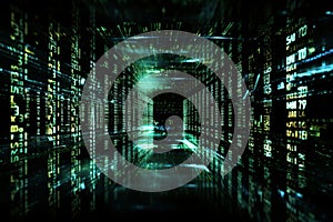 Binary code numbers displayed on computer screen background, digital technology concept