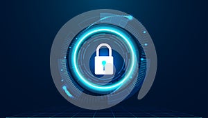 Abstract background digital concept circle padlock cybersecurity anti virus malware spy protection cyber theft security On a blue-