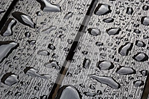 Abstract background drops of rain water on a wooden table