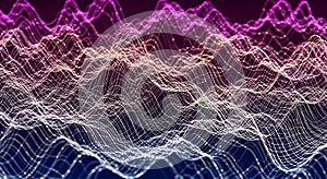 Abstract background with dynamic lines and dots forming undulating patterns in purple and blue