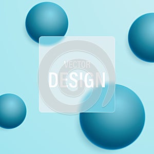 Abstract background of dynamic spheres and frosted glass transparent frame for text.