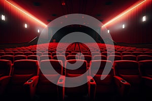 Abstract background of empty cinema theater red seats. Generative AI