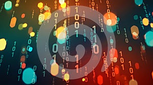 Abstract background of falling binary code and bokeh lights data digital