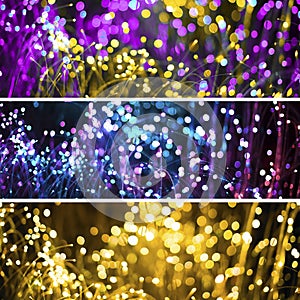 Abstract background with fantasy bokeh texture purple neon and golden. Fashionable Set of three Christmas background