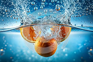 Bubbles in water. A background of bubbles forming in blue water after orange are dropped into it