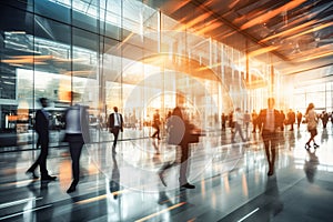 Abstract background of featuring business people walking in a lobby with a motion blur effect