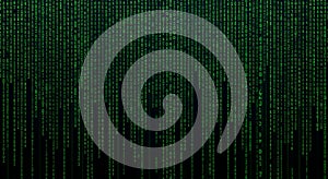 Green digital code rain on dark background, data stream, abstract technology concept