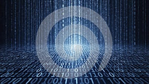 Digital Data Stream and Binary Code on Dark Blue Background