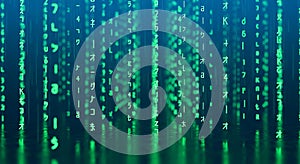 Green Digital Rain Matrix Code Falling with Reflection on Water - Technology Background
