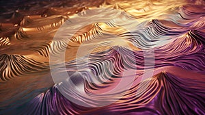 abstract background, featuring a wave-like pattern of silk fabric bright gold and purple gradients, Generative AI