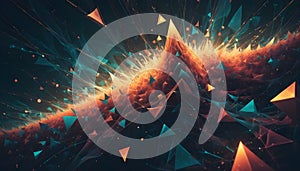Abstract background with a fiery explosion of particles, geometric shapes, and interconnected lines in a dynamic