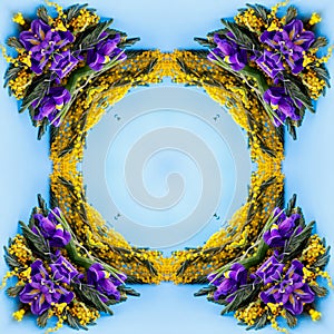 abstract background of flower pattern of a kaleidoscope. yellow purple green blue mandala