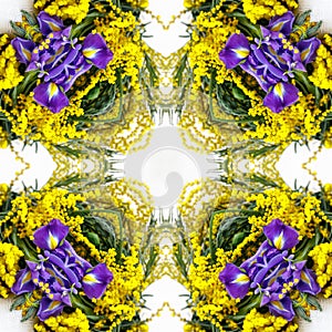abstract background of flower pattern of a kaleidoscope. yellow purple green white mandala