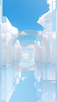 abstract background with flying cube and rectangle shapes in blue sky with clouds, generative AI