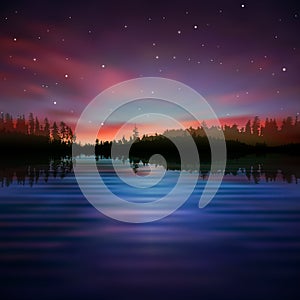 Abstract background with forest lake and sunrise