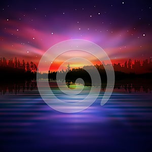 Abstract background with forest lake and sunrise