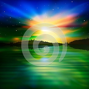 Abstract background with forest lake and sunrise