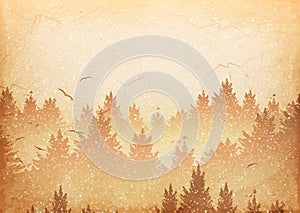 Abstract background of forest and mountains with flying birds