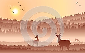Abstract background. Forest wilderness landscape. Deer family silhouettes.