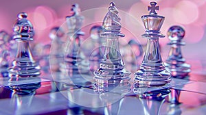 Abstract background in the form of glass chess pieces on a blue, pink and crimson chessboard