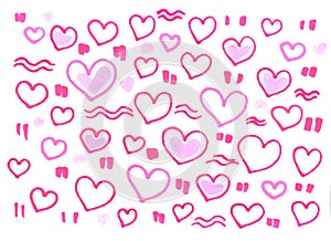 Abstract background freehand vibrant materials, pink hearts and waves